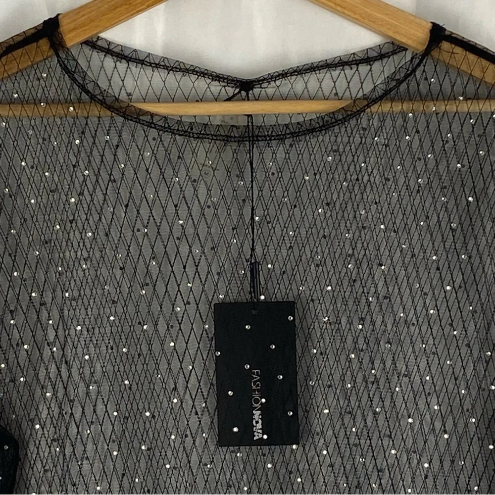 Fashion Nova Black Sheer Short Sleeve Dress with Silver Accents Size Medium - Picture 4 of 16